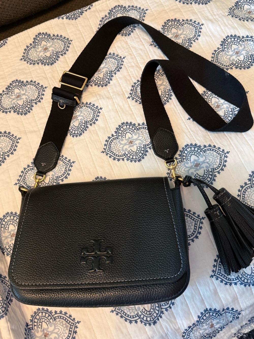 Tory Burch Black Pebbled Leather Crossbody with Tassel